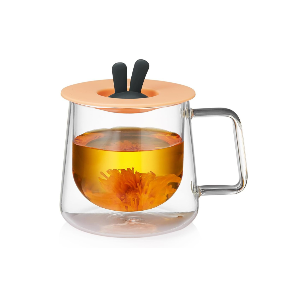 Pokaroty Pink Rabbit Ears Double Wall Glass Mug – 360ml Heat-Resistant Cup with Airtight Lid