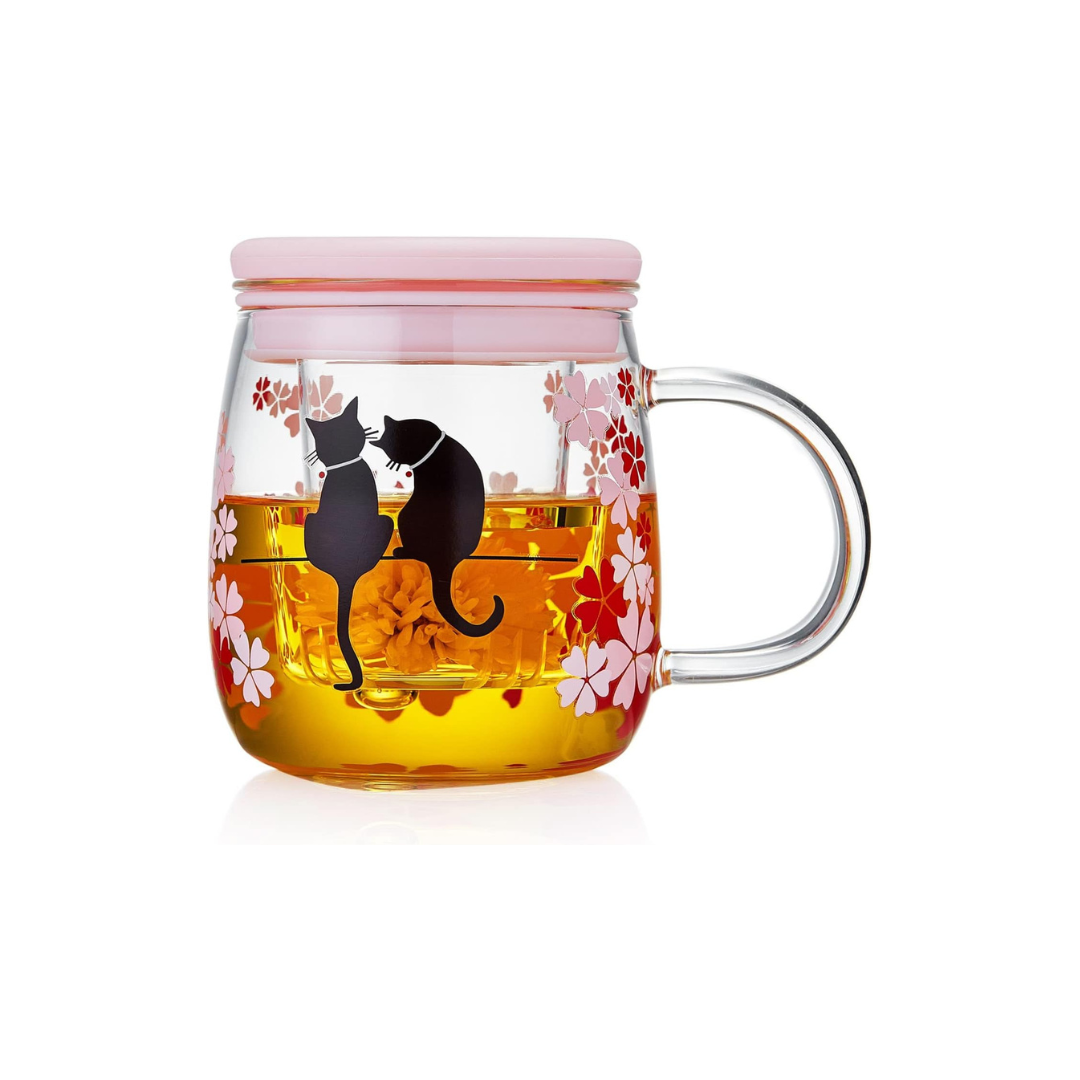Heat-Resistant Glass Tea Strainer Mug – Cherry Blossom Color-Changing Cat Cup