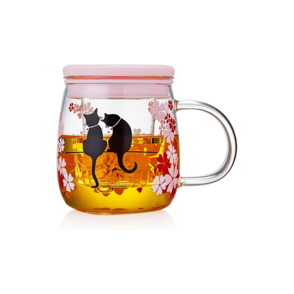 Heat-Resistant Glass Tea Strainer Mug – Cherry Blossom Color-Changing Cat Cup