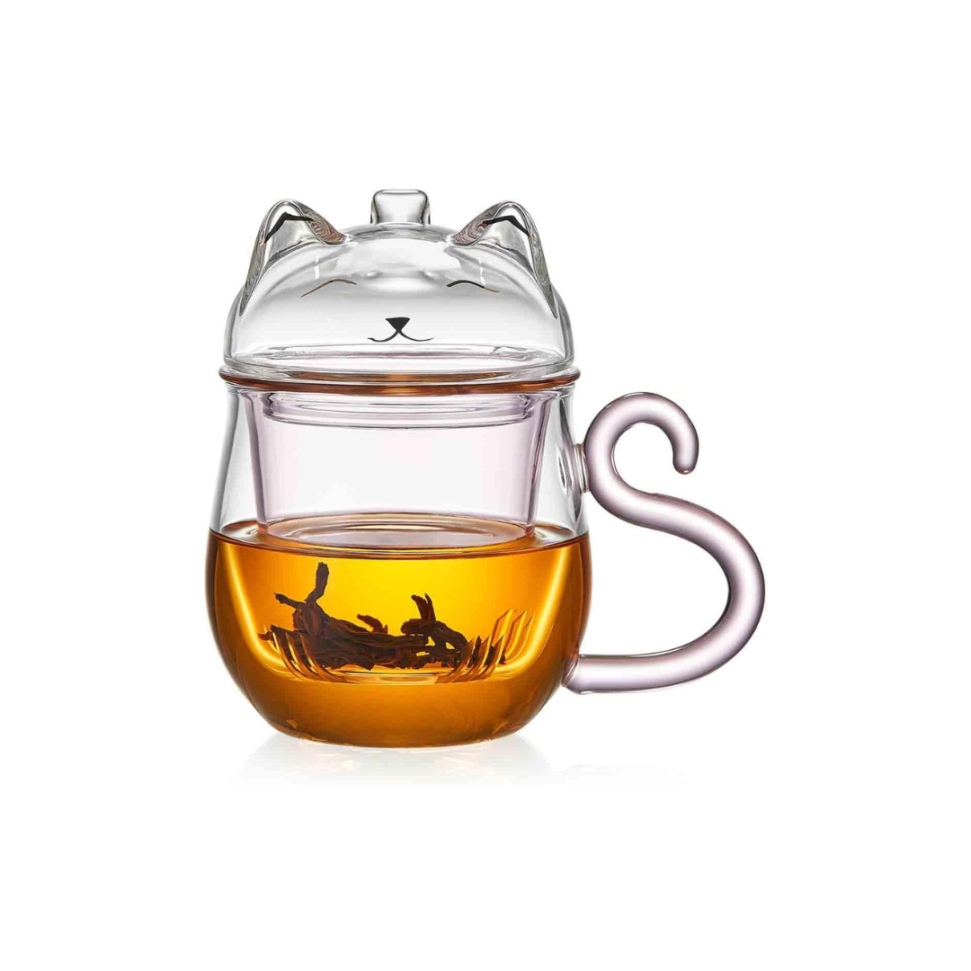 Pocarati Cat Heat-Resistant Glass Tea Mug – 486ml Pink Cute Cup with Lid