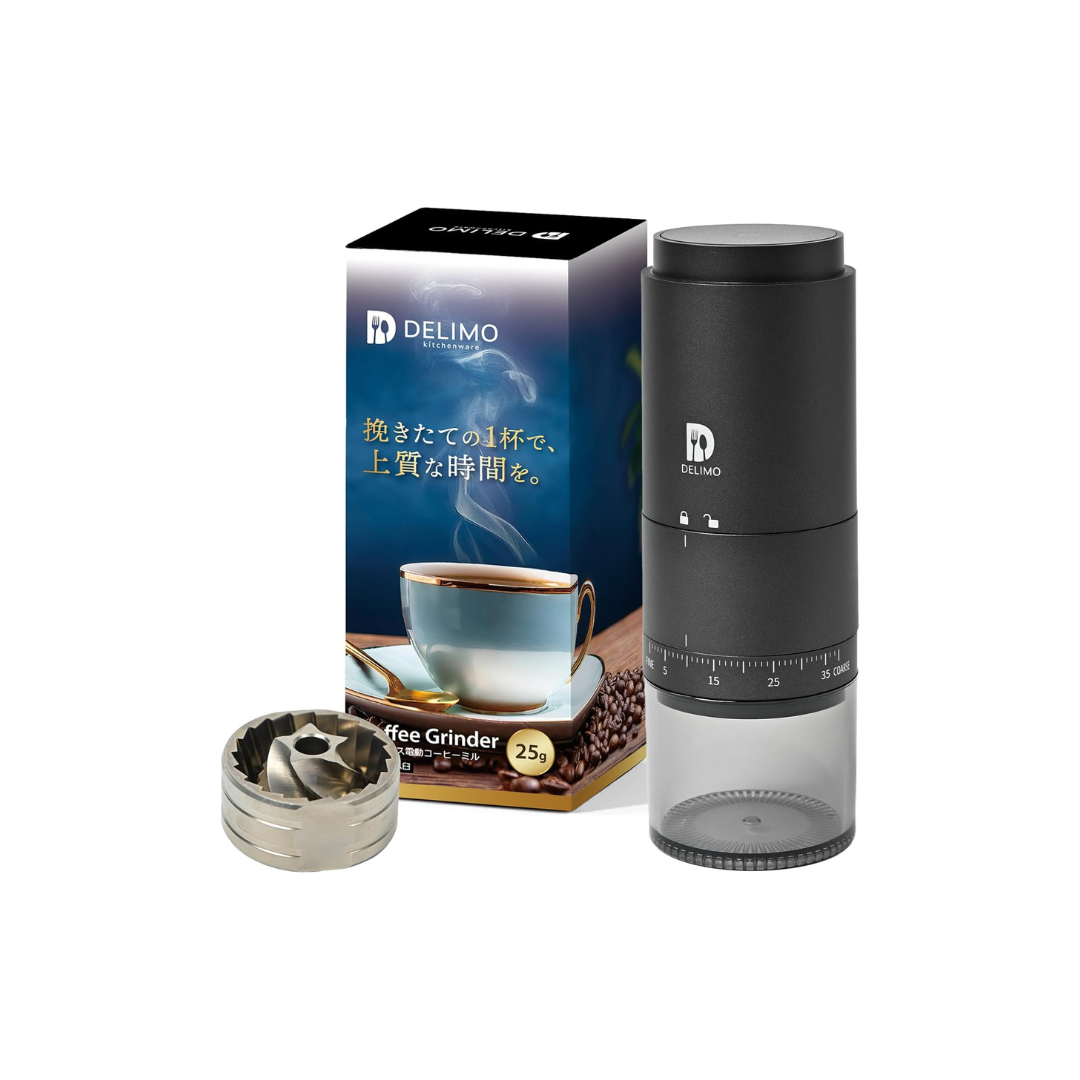Delimo Cordless Burr Coffee Grinder – 39 Grind Settings, Stainless Steel Conical Burr, USB Rechargeable, Washable, Espresso Compatible