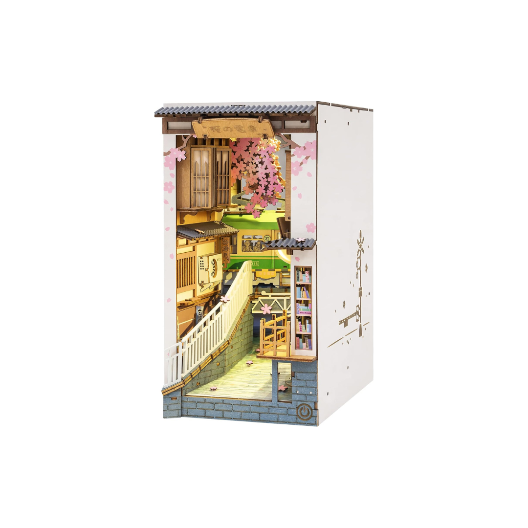 ROBOTIME Cherry Blossom Train Book Nook Kit – DIY 3D Wooden Puzzle with LED Lights &amp; Bookend Function