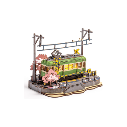 ROBOTIME Cherry Blossom Train 3D Wooden Puzzle with LED Lights – DIY Mechanical Assembly Model, Japanese-Style Craft Kit &amp; Decorative Educational Toy