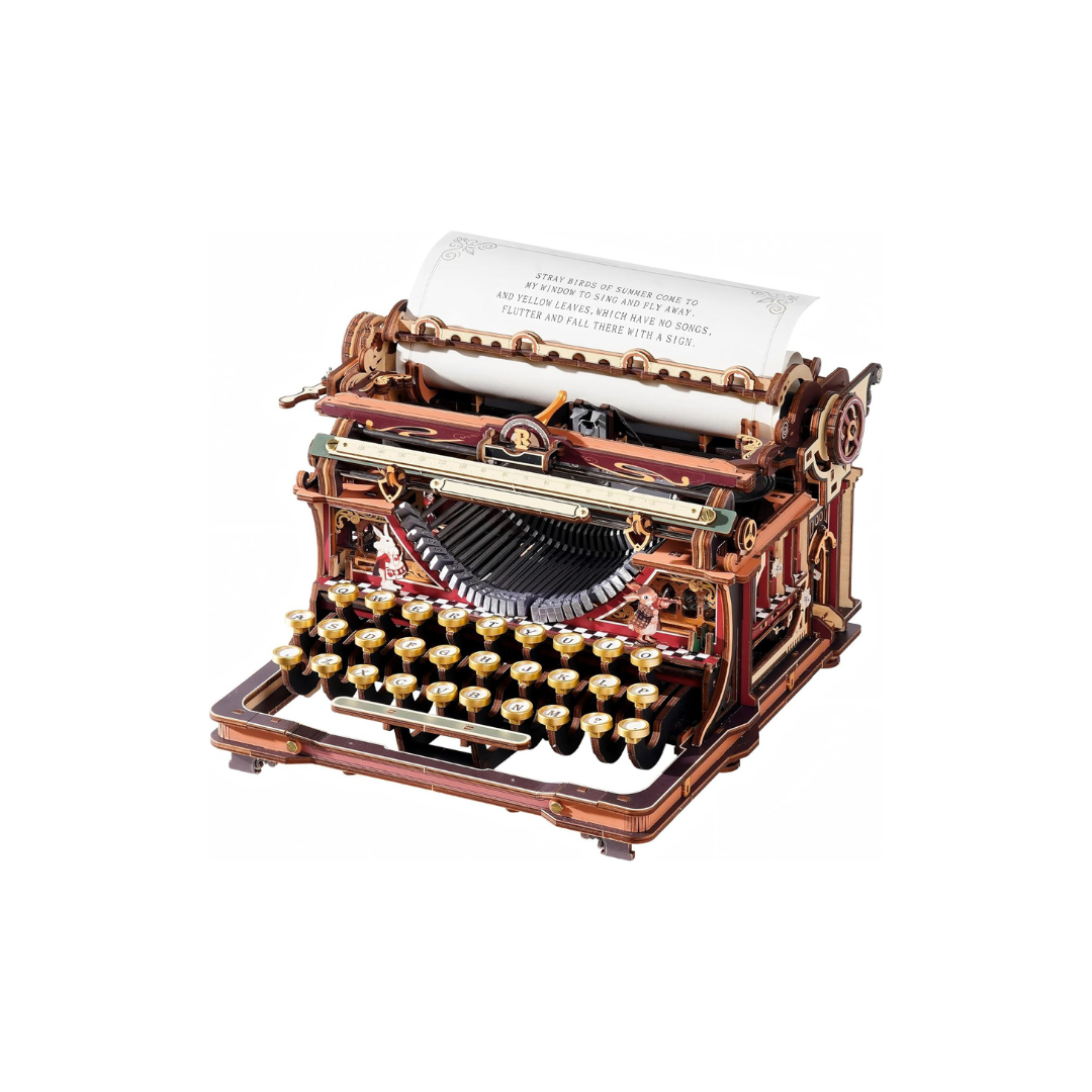 ROBOTIME LK703C Vintage Typewriter 3D Wooden Puzzle – DIY Mechanical Model Kit, Movable Craft Assembly, Educational Brain Training Toy for Adults