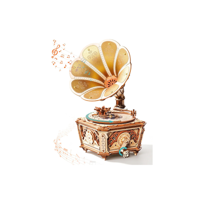 ROBOTIME Retro Phonograph 3D Wooden Puzzle – DIY Mechanical Music Box Model Kit with Gear-Driven Automatic Playback