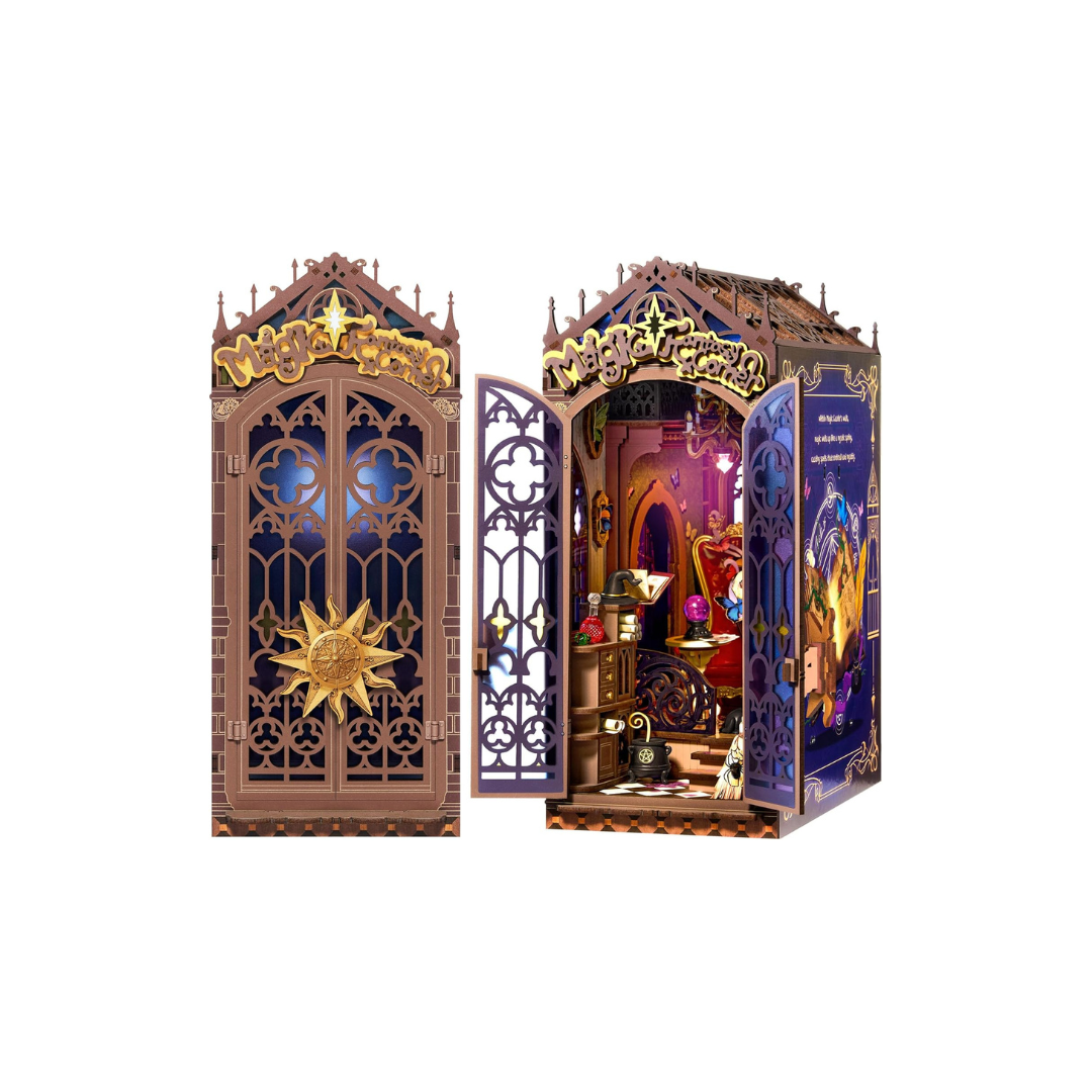 ROBOTIME 3D Book Nook Kit – Wooden Miniature House DIY Puzzle with Built-in LED Light, Bookshelf Decoration for Beginners