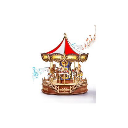 ROBOTIME Classic Merry-Go-Round 3D Wooden Puzzle with LED Light &amp; Music Box – DIY Craft Assembly Kit for Kids and Adults