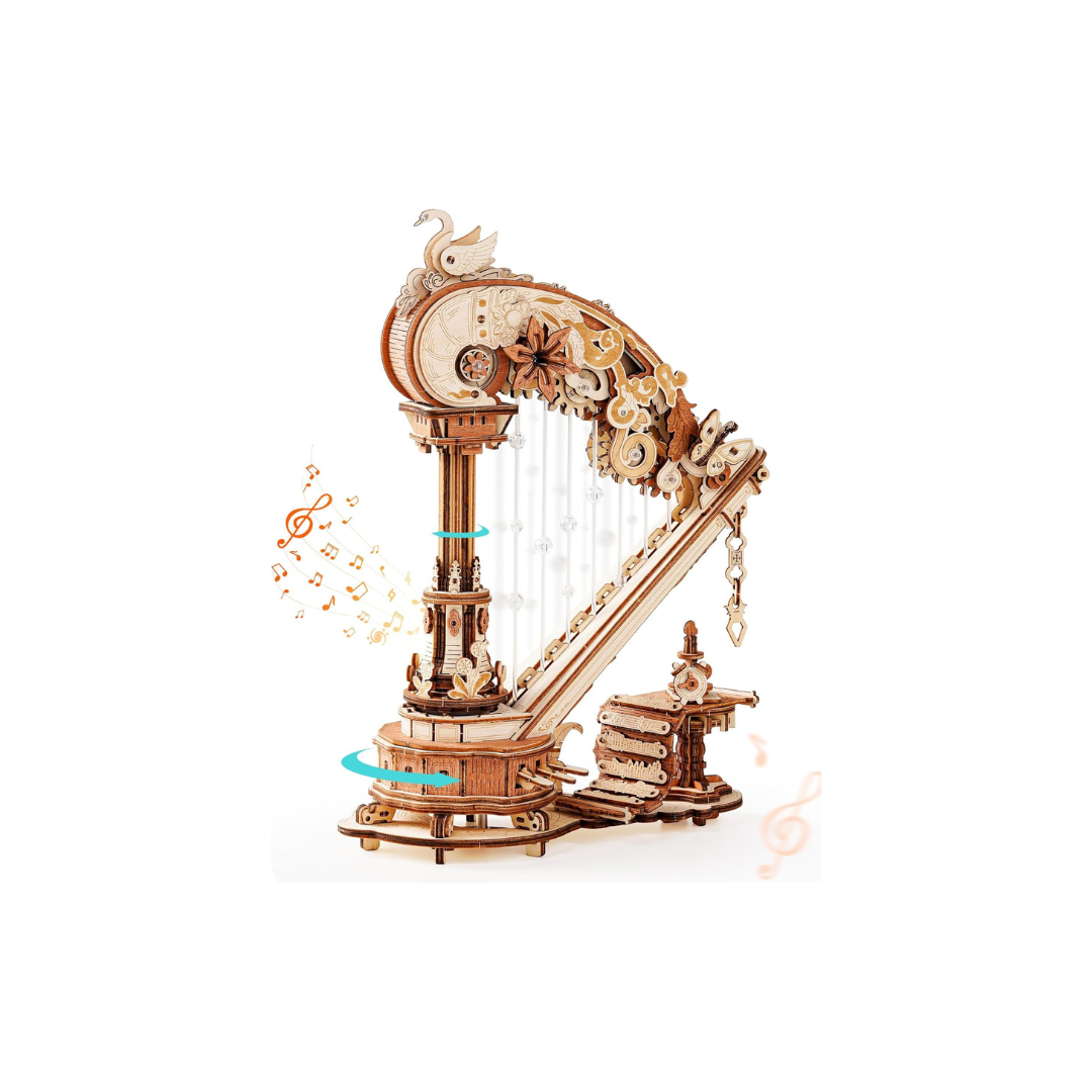 ROBOTIME Harp AMK71 3D Wooden Puzzle Music Box – DIY Mechanical Musical Instrument Model with Automatic Playback