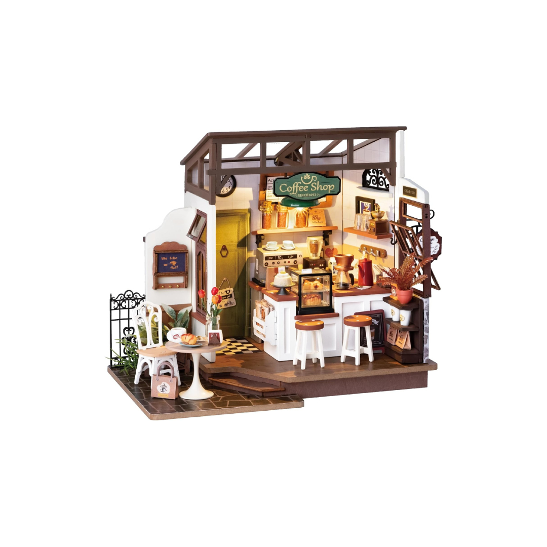ROBOTIME DIY Miniature Café Dollhouse Kit with LED Lights – Handmade Model House Craft for Home Décor &amp; Gifts