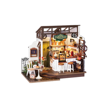 ROBOTIME DIY Miniature Café Dollhouse Kit with LED Lights – Handmade Model House Craft for Home Décor &amp; Gifts