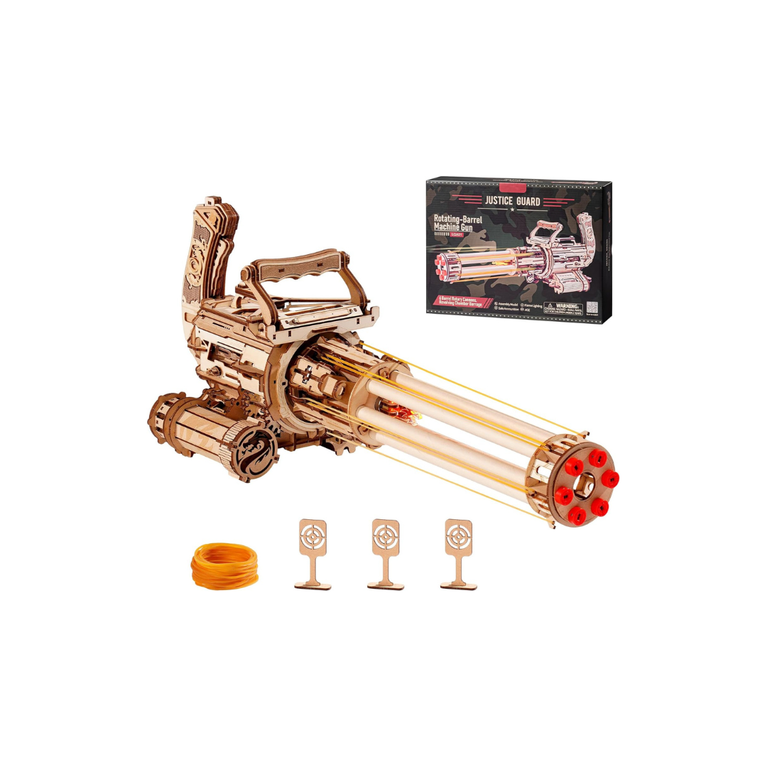 ROBOTIME Gatling Gun 3D Wooden Puzzle – DIY Rubber Band Launcher, STEM Mechanical Assembly Kit with LED Light