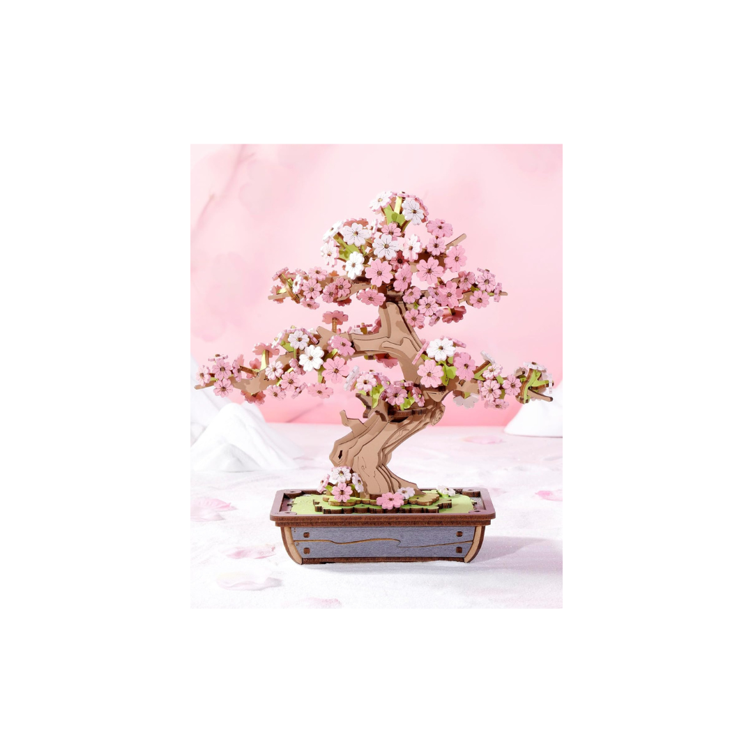 ROBOTIME Sakura &amp; Evergreen Pine Bonsai 3D Wooden Puzzle – DIY Japanese-Style Plant Model Kit for Beginners