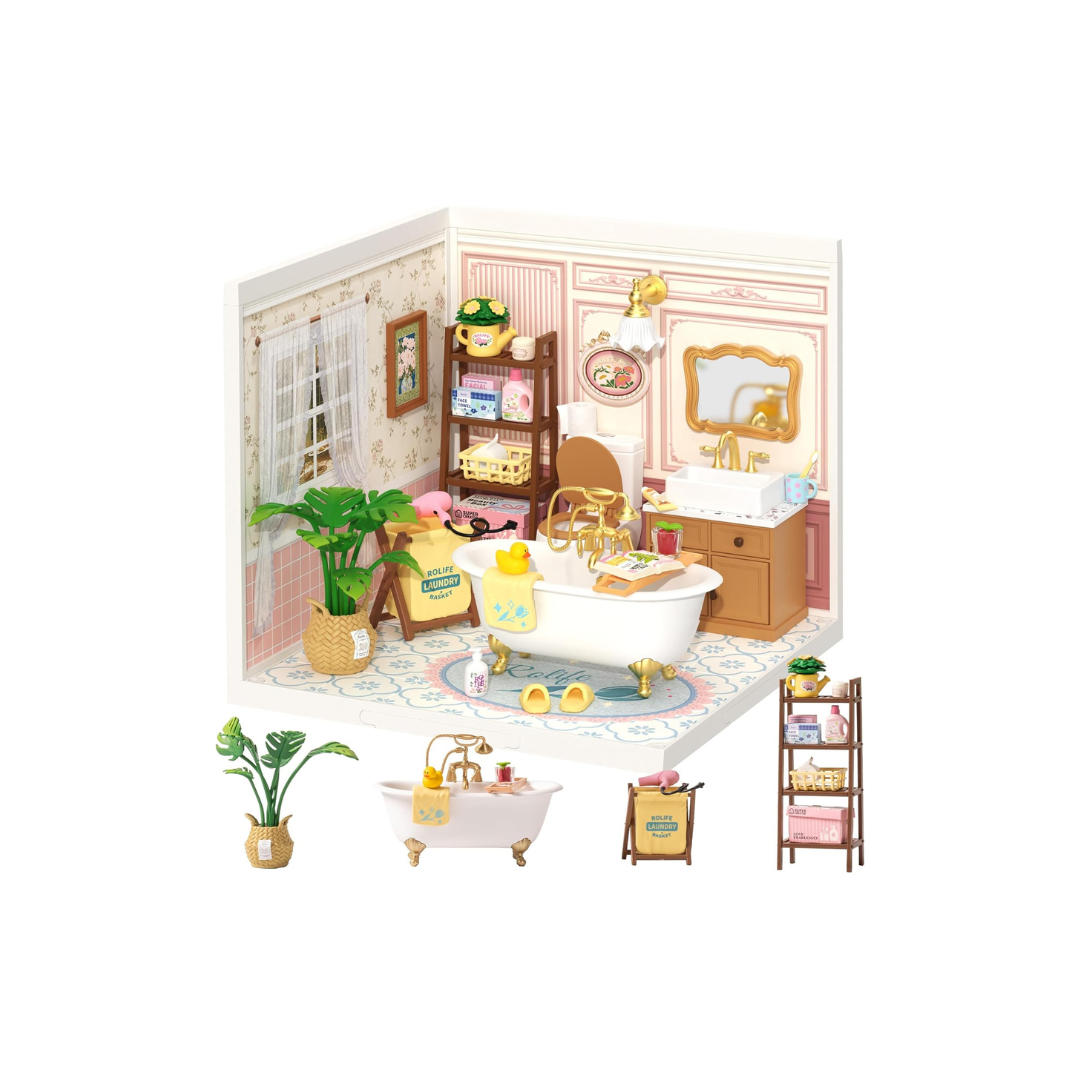 ROBOTIME DW014B Super Creator Pop Bubble Bathroom Miniature House Kit – DIY Dollhouse with LED Light &amp; Detailed Accessories
