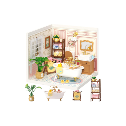 ROBOTIME DW014B Super Creator Pop Bubble Bathroom Miniature House Kit – DIY Dollhouse with LED Light &amp; Detailed Accessories