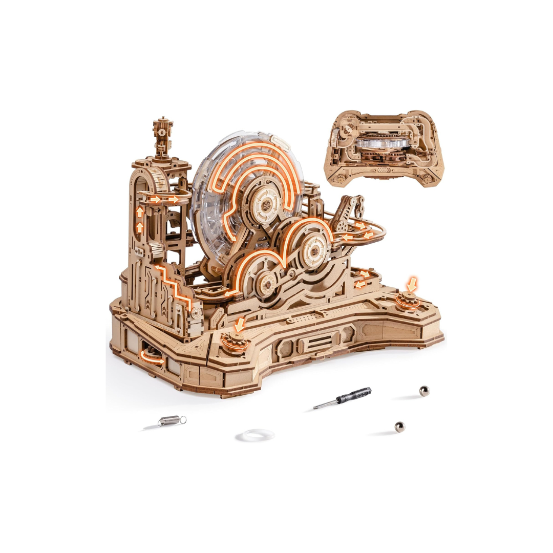 ROBOTIME Marble Run 3D Wooden Puzzle – Hand Cranked Mechanical Model Kit with Gears, Water Wheel &amp; Marble Maze