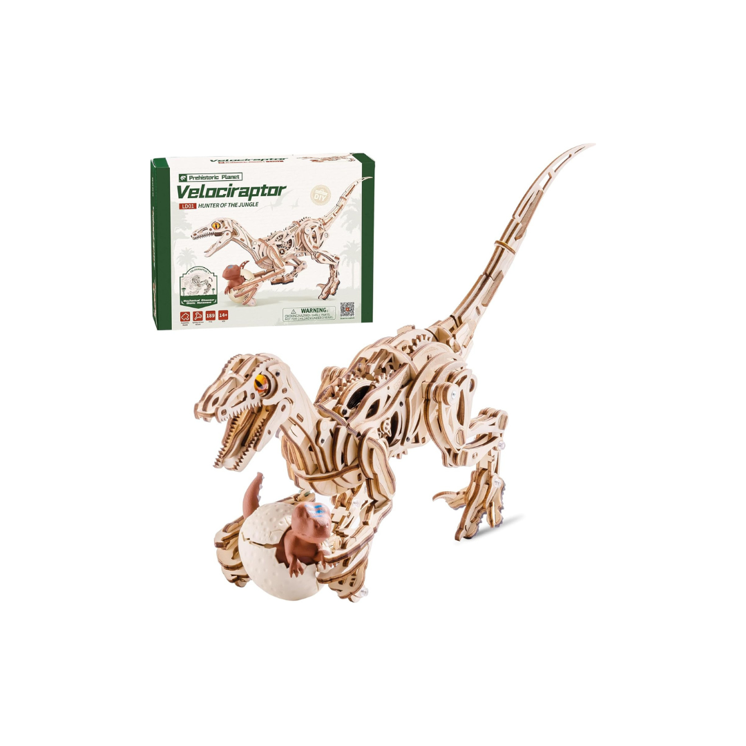 ROBOTIME Steampunk Dinosaur 3D Wooden Puzzle – Articulated Velociraptor &amp; Oviraptor Mechanical Model DIY Kit