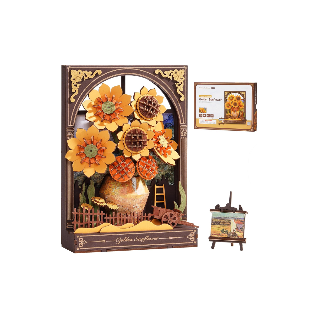 ROBOTIME TH002 Golden Sunflower Wooden Flower Building Set with Lights – DIY Van Gogh Inspired Wall Art Craft for Adults