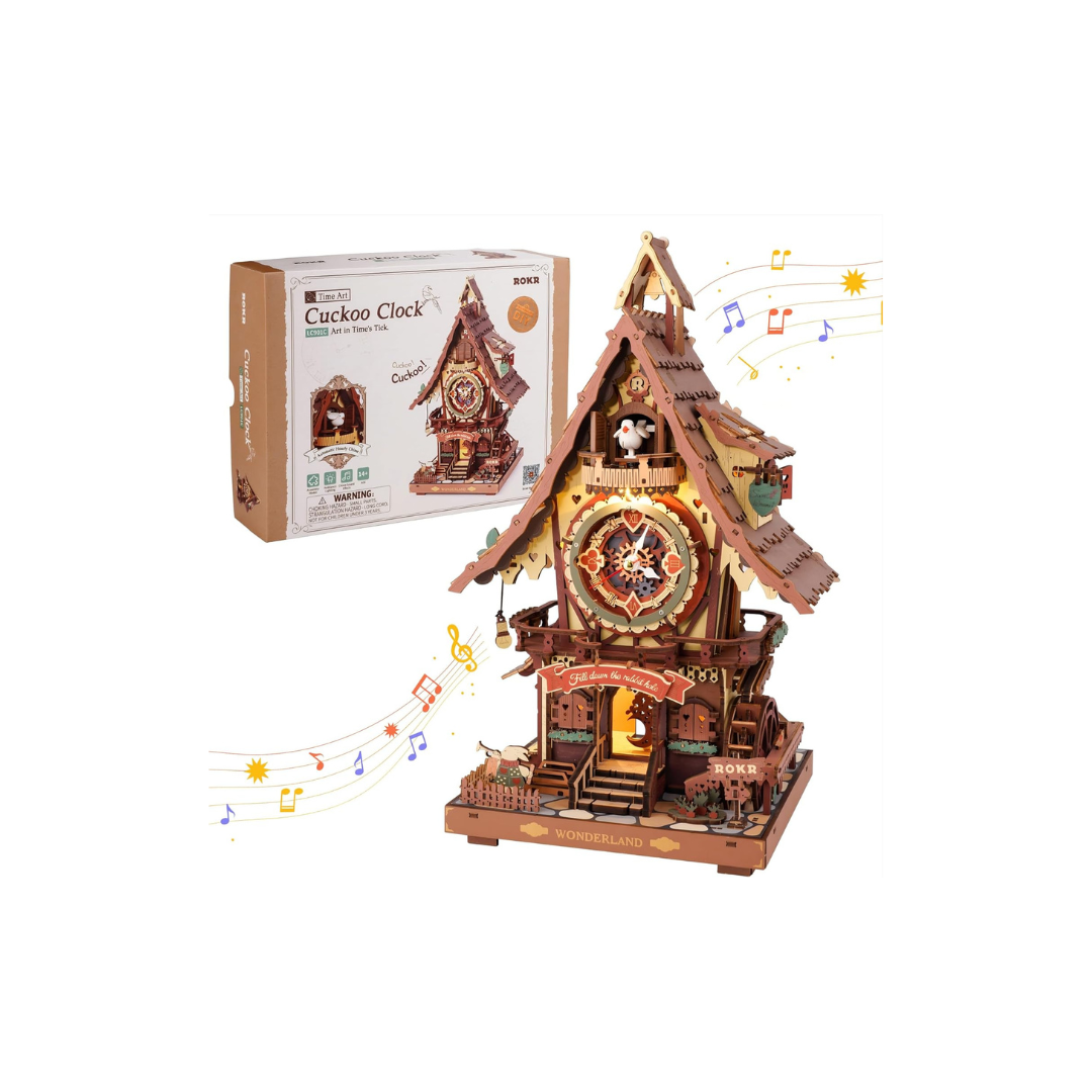 ROKR Hako Cuckoo Clock 3D Wooden Puzzle with LED – DIY Customizable Clock Model Kit, Home Décor Craft for Beginners