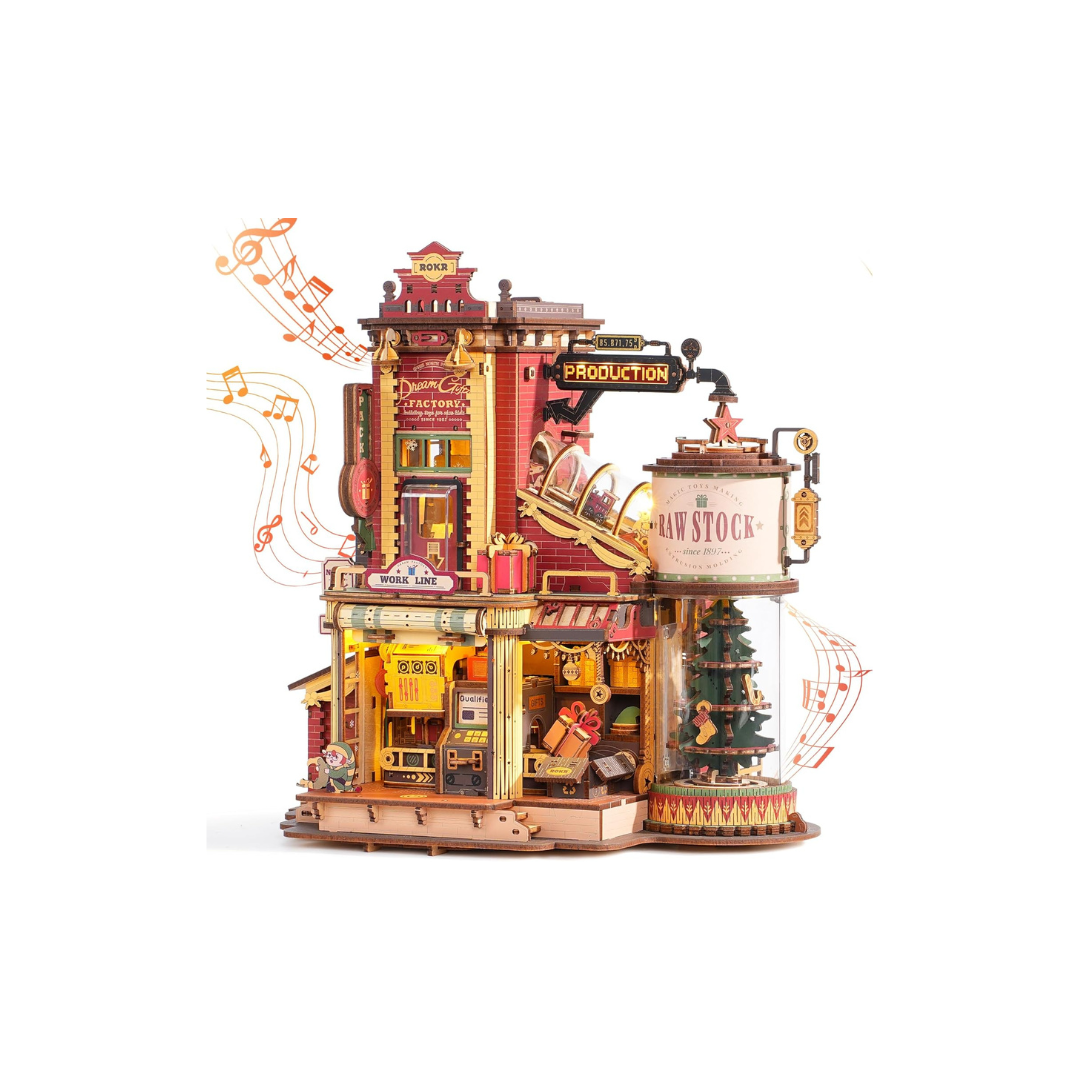 ROKR Gift Factory Christmas Tree 3D Wooden Puzzle – DIY Music Box Craft Kit with Light Effects &amp; Decoration