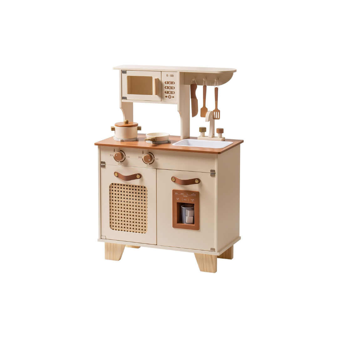 ROBOTIME WCF25 Wooden Pretend Play Kitchen Set – Scandinavian Mini Kitchen with Utensils, Magnetic Accessories &amp; Storage