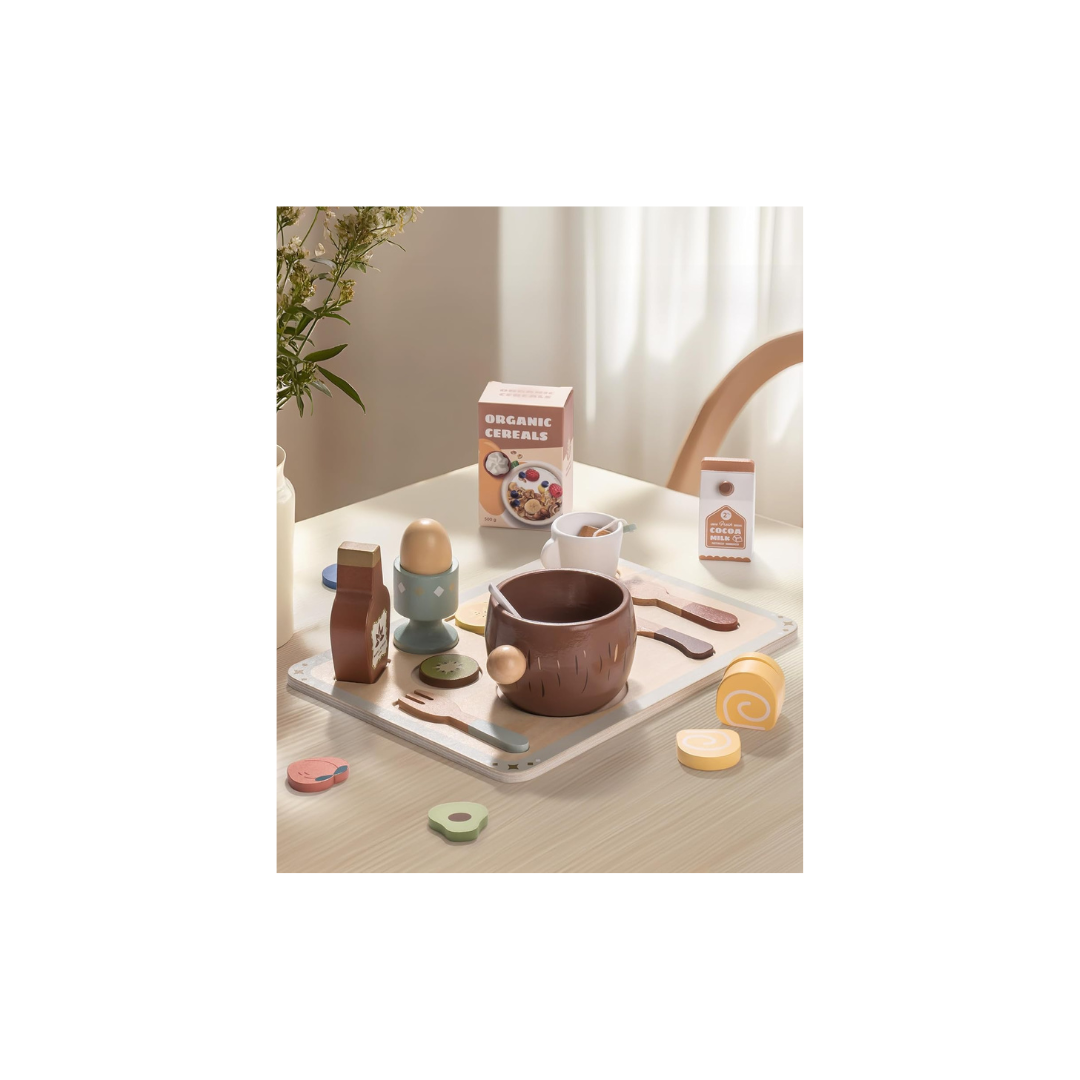 ROBOTIME Wooden Play Food Set for Kids – Pretend Kitchen Toy Breakfast Food Accessories with Tray