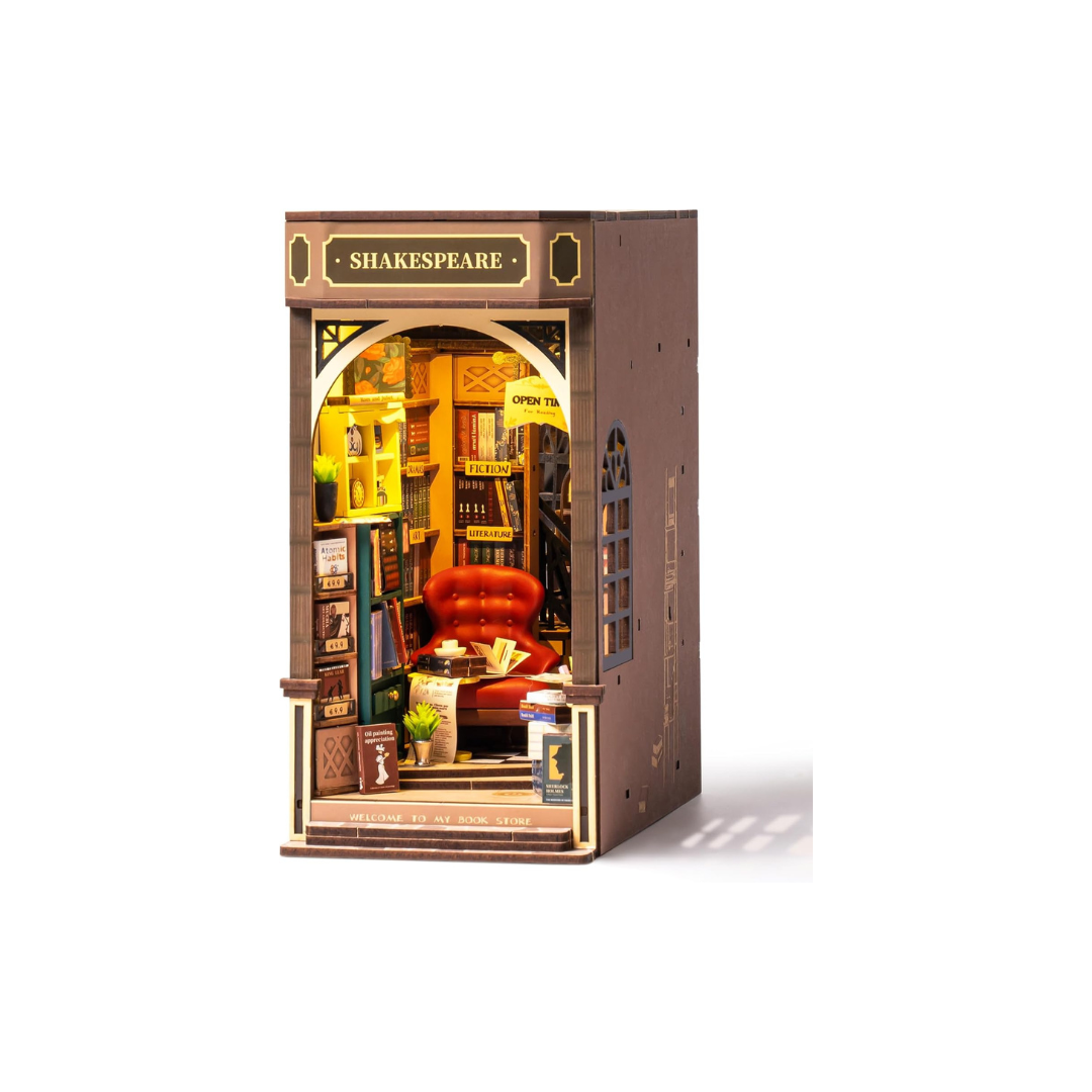 Rolife Bookstore Book Nook Kit | 3D Wooden Puzzle Miniature Shelf Decor with LED Light