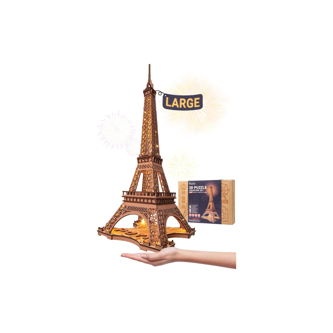 Rolife Luminous Eiffel Tower 3D Wooden Puzzle | LED Decorative Craft Kit for Adults