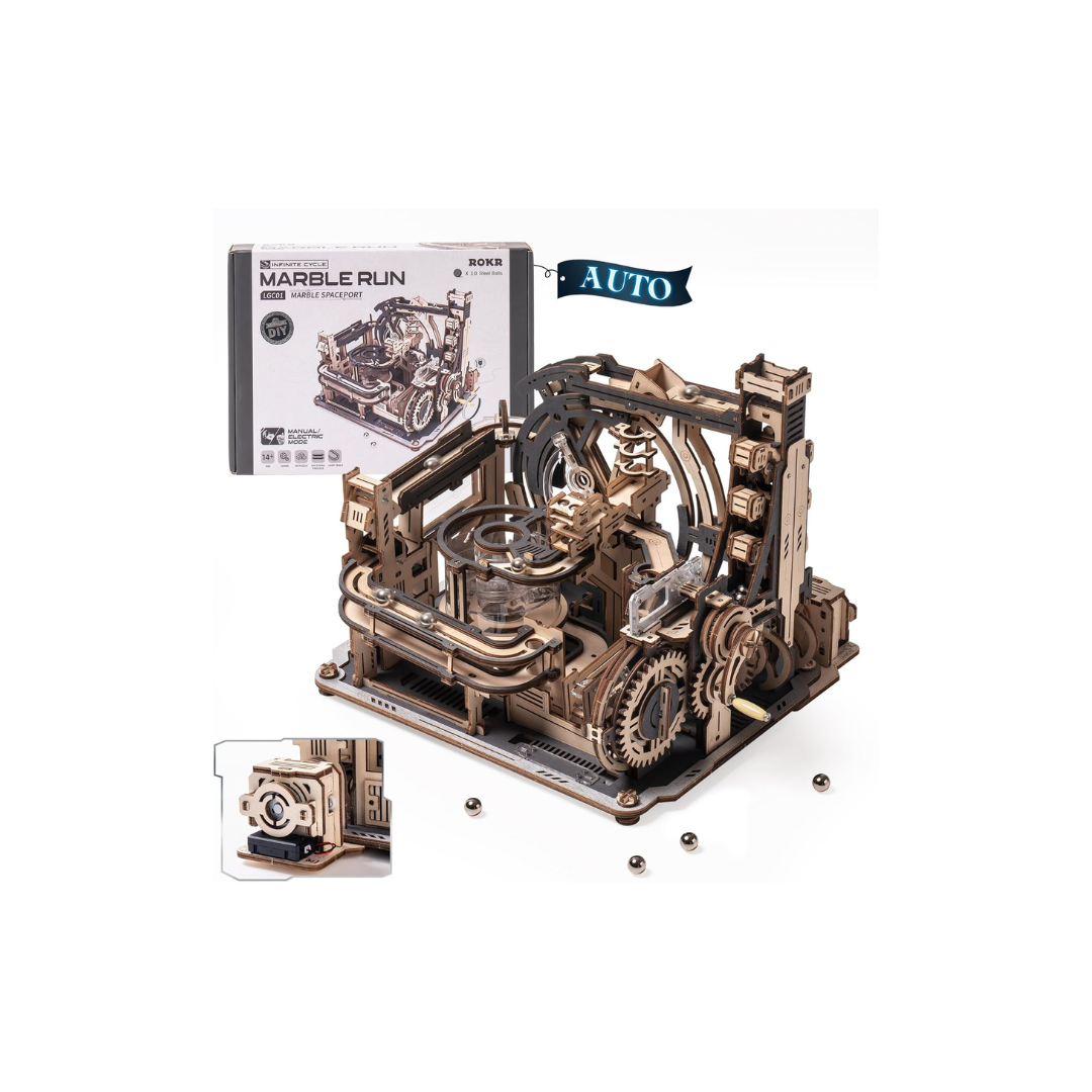 ROKR Electric Marble Run 3D Wooden Puzzle | DIY Mechanical Spaceport Model Kit