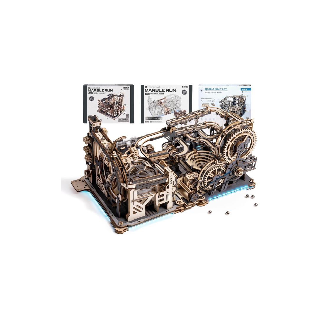 ROKR Electric Marble Run 3D Wooden Puzzle Set | DIY Mechanical Model Kit with Connectors