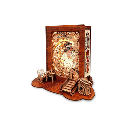 FUNPOLA Alice in Wonderland Time Travel 3D Wooden Puzzle Night Light with Clock | DIY LED Book Lamp
