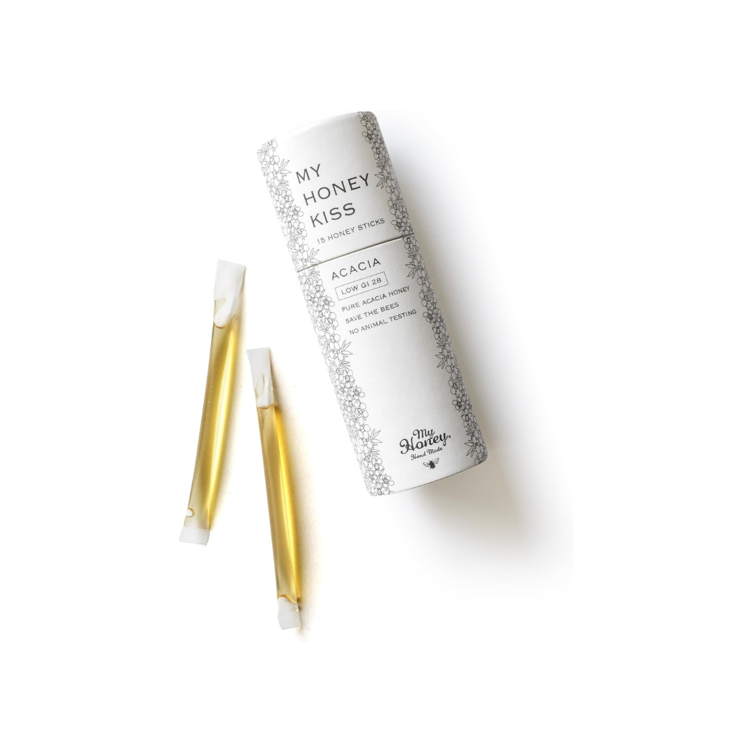 MYHONEY KISS ACACIA Honey Sticks | 100% Pure Hungarian Acacia Honey | Individually Wrapped | Natural Throat Care | Portable Honey Sachets