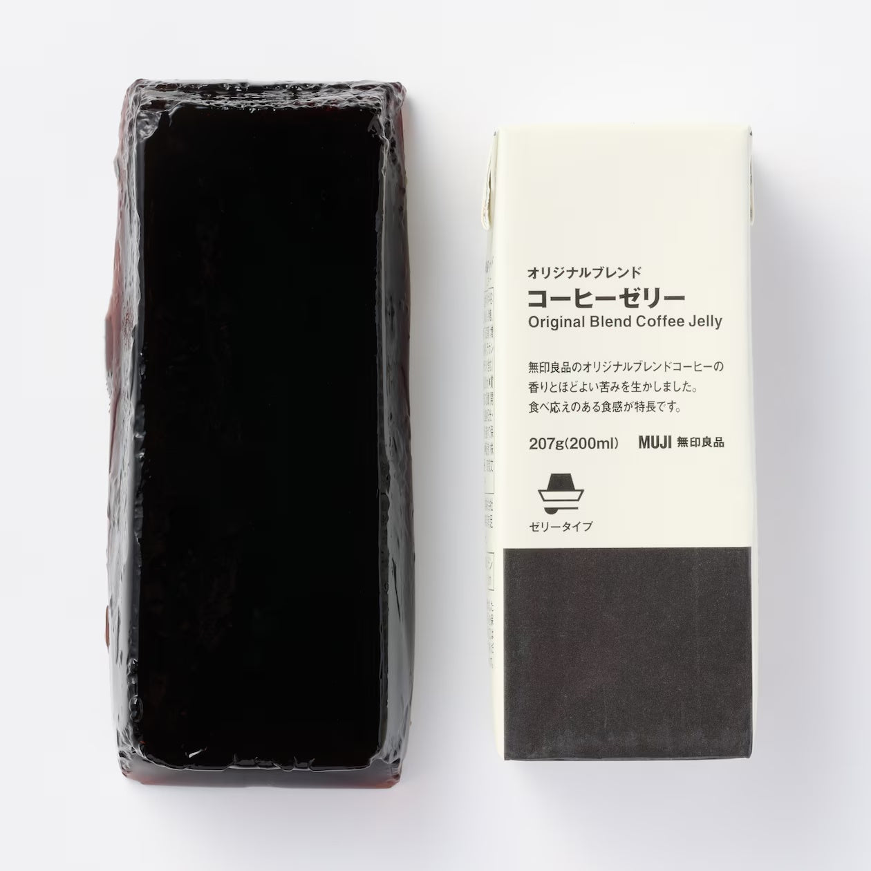MUJI Original Blend Coffee Jelly package beside unmoulded coffee jelly