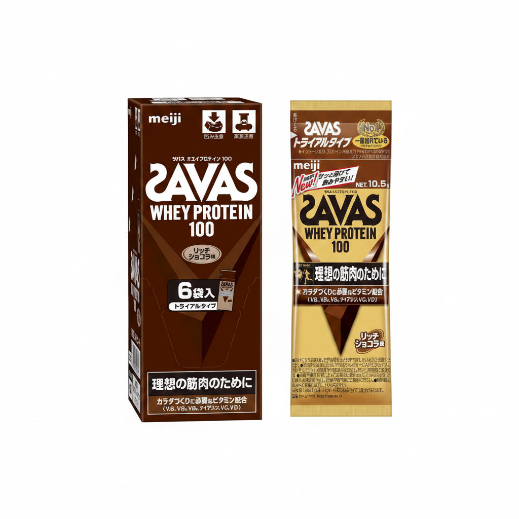 Meiji SAVAS Whey Protein 100 Rich Chocolate trial pack with six 10.5 g sachets