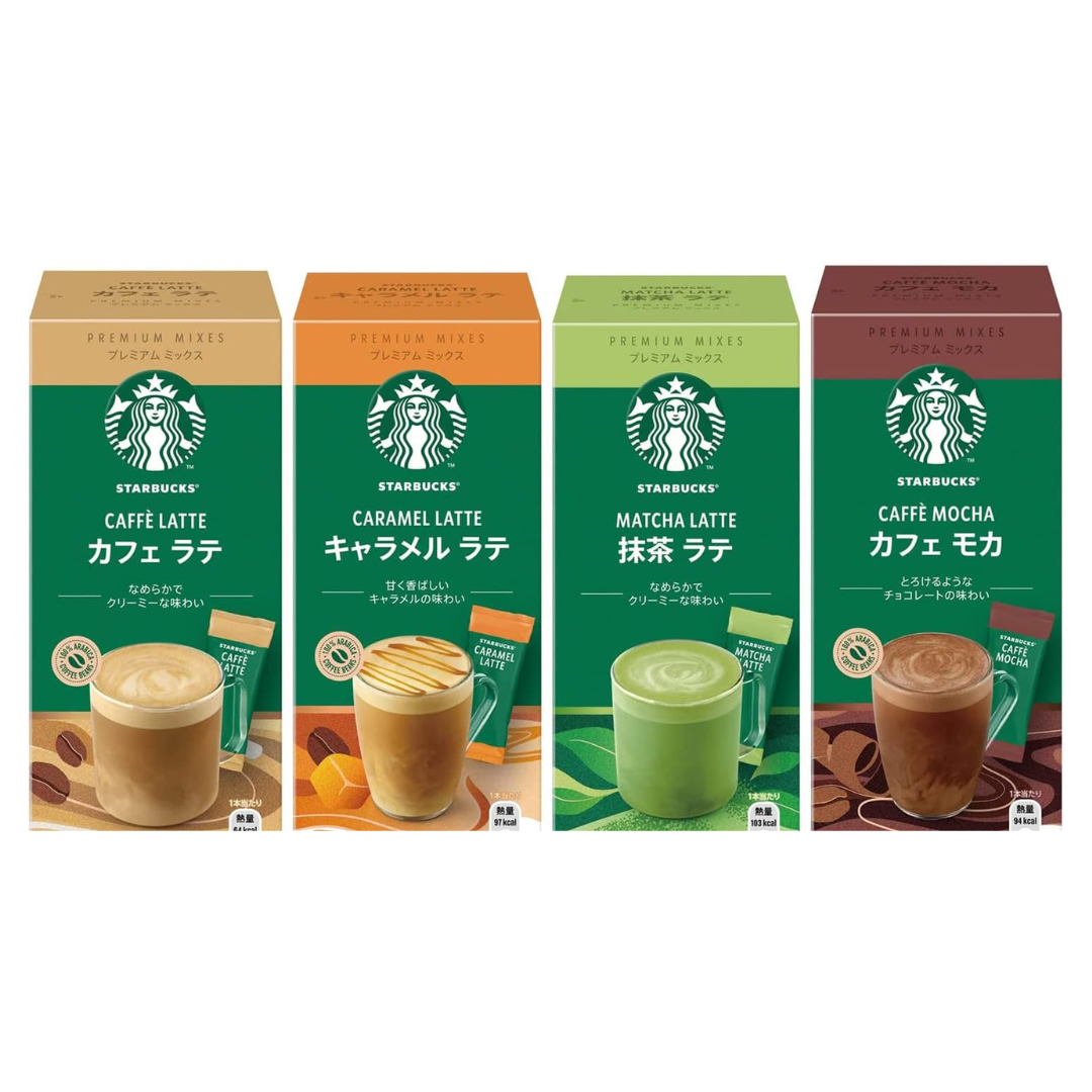 Starbuck Premium Mix 4-Flavor Assortment | Cafe Latte, Caramel Latte, Cafe Mocha, Matcha Latte | 4 Sticks in Each Box | Japan Import